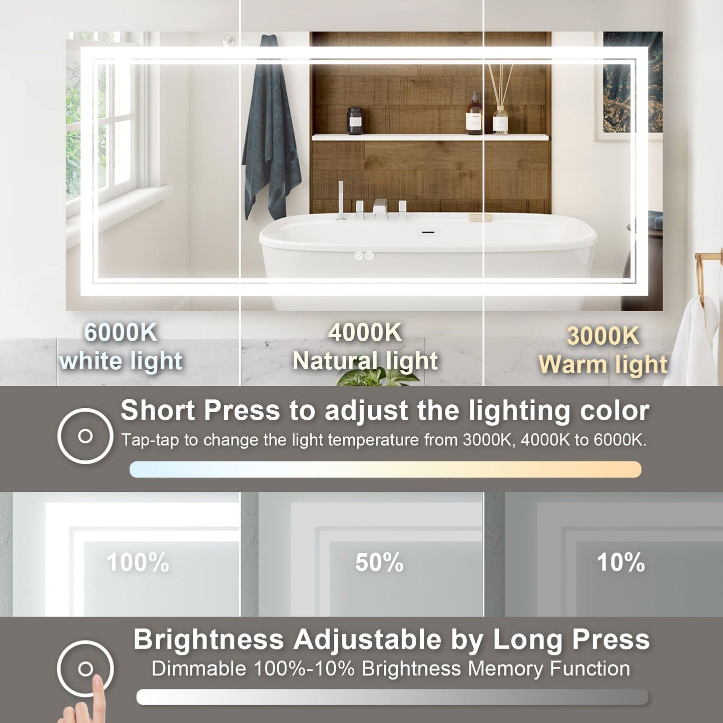 LED Smart Bathroom Mirror – Dimmable Touch + Anti-Fog