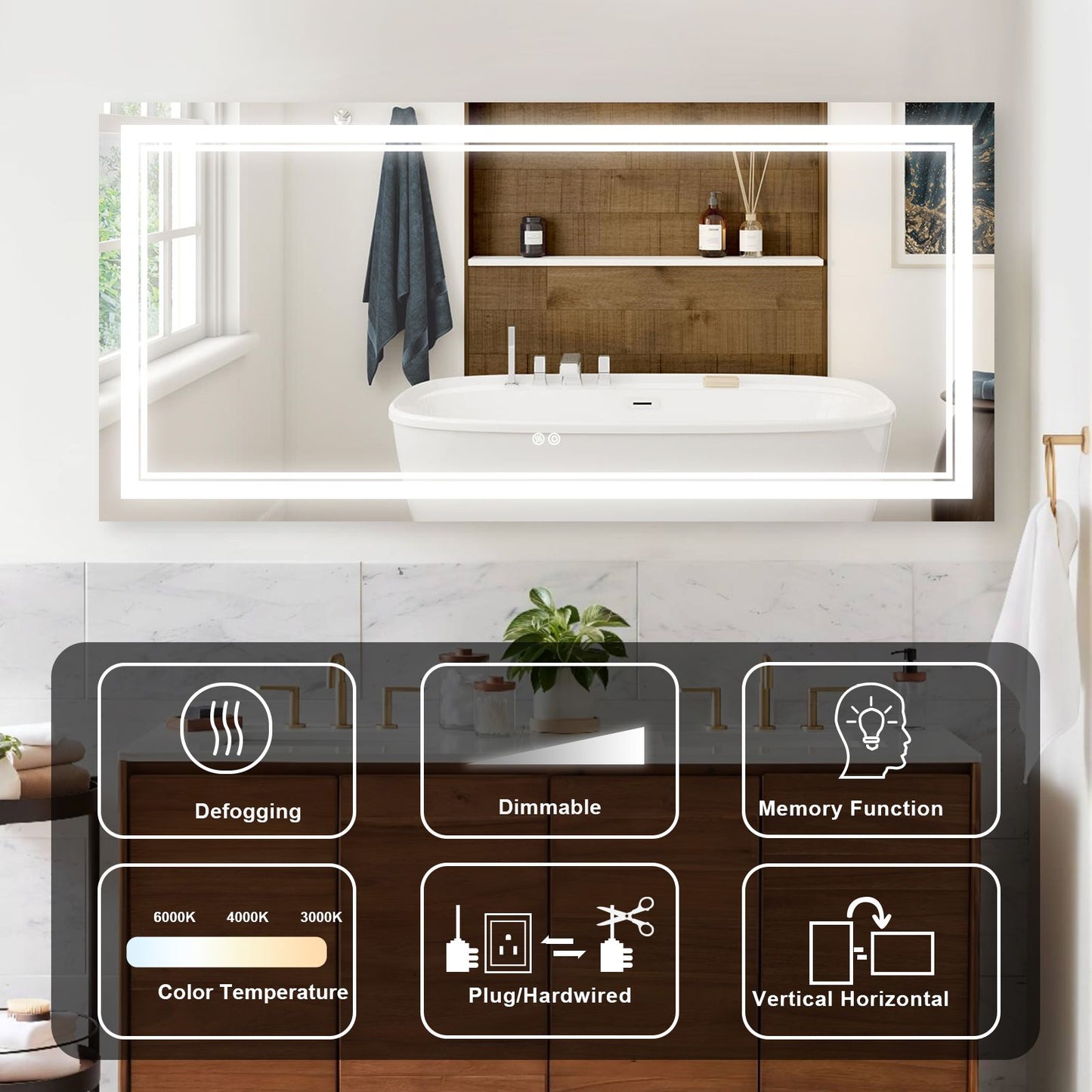 LED Smart Bathroom Mirror – Dimmable Touch + Anti-Fog
